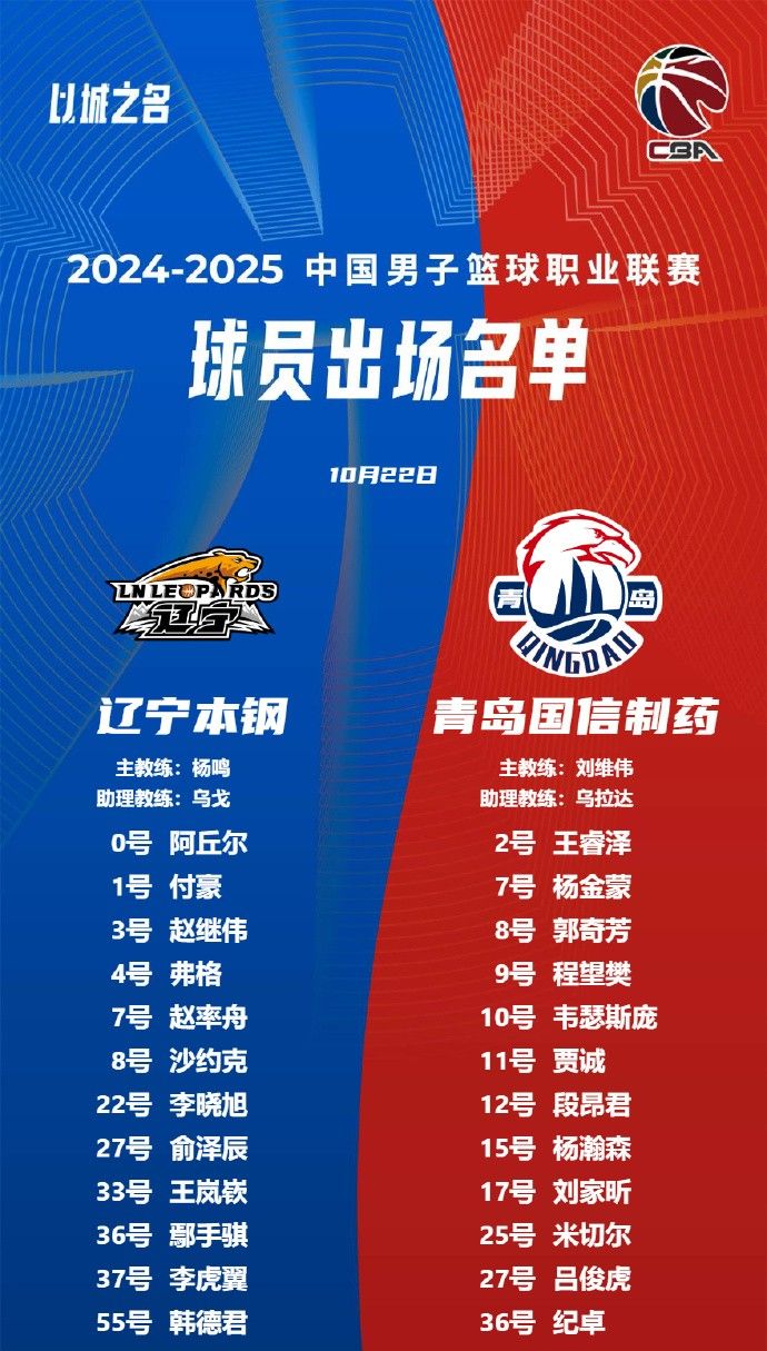 🔥辽宁VS青岛大名单：赵继伟&amp;阿丘尔大战威瑟斯庞&amp;杨瀚森